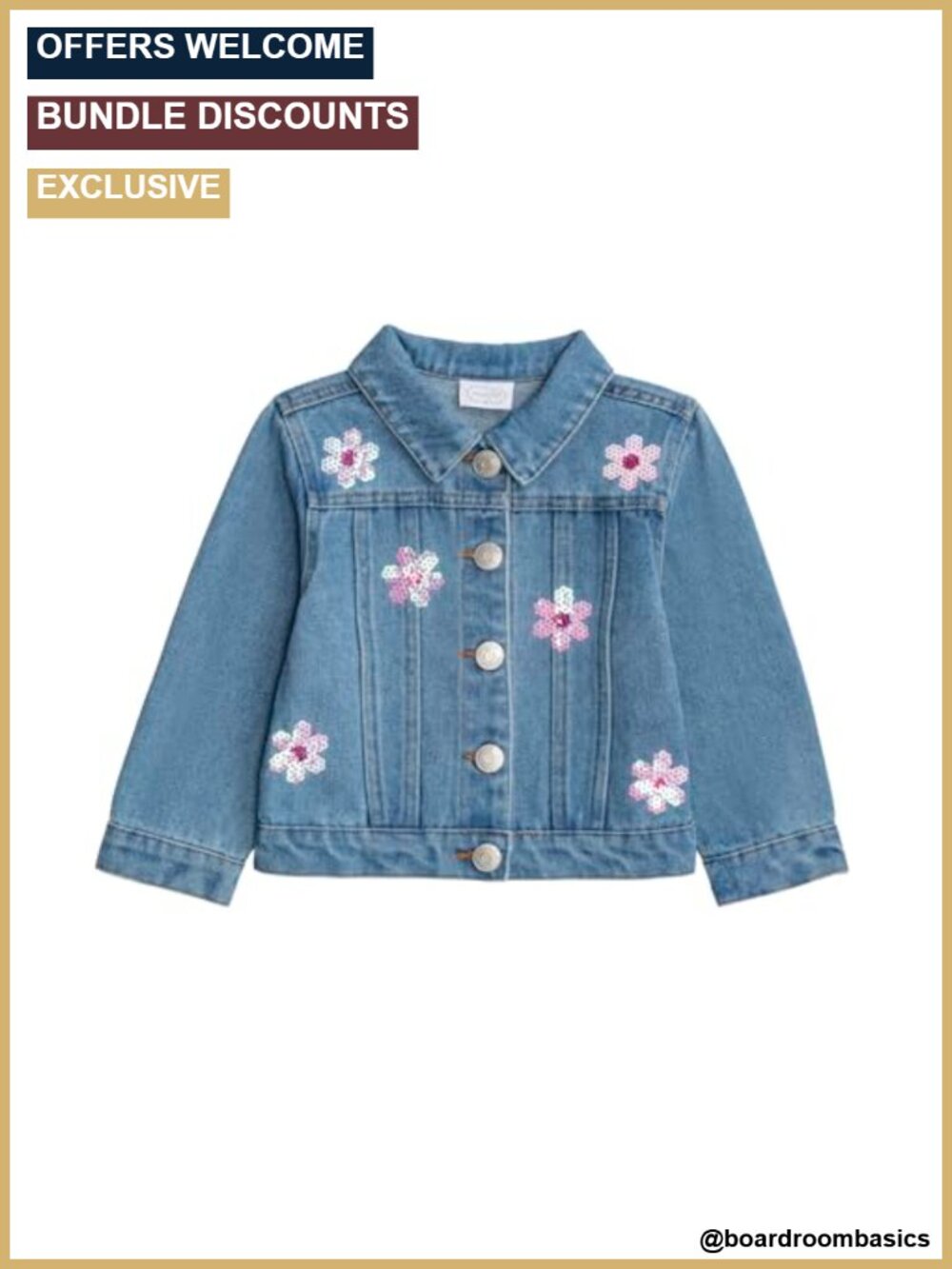 Toddler Girl Sequin Daisy Denim Jacket Long Sleeve Button Front